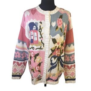 Vintage 80s Incognito Storybook  Cardigan Sweater L Cottagecore Floral Intarsia